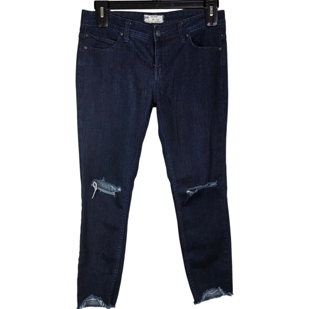 Free People Dark Blue Distressed Skinny Ankle Jeans With Raw Hem Size 28
